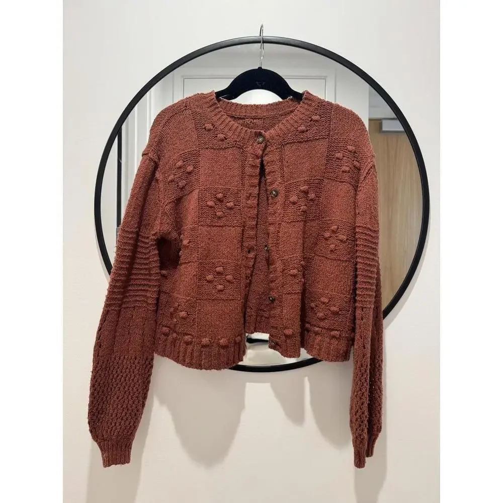 Pilcro Rust Cable-Knit Puff Sleeve Cardigan Sweater Size XS - Picture 2 of 4